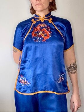 1930s/40s Blue Satin Dragon Embroidered Mandarin Top and Bottoms lounge set